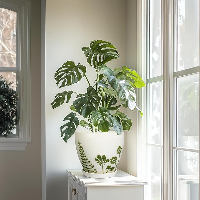 8.2 Inch Plant Pot - Ceramic Planter for Indoor Outdoor Flowers, Boho Round Decorative Indoor Flower Pot with Drainage Hole and Saucer, Gifts for Plant Lovers, Office Garden House Decor, White