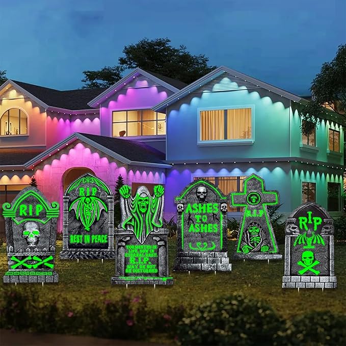 Large Halloween Tombstones Decorations Outdoor Yard Signs, 6Pcs 16"x25" Light Up Tombstones for Graveyard Displays, Glow in The Dark Cemetery Props, Waterproof and Reusable for Parties