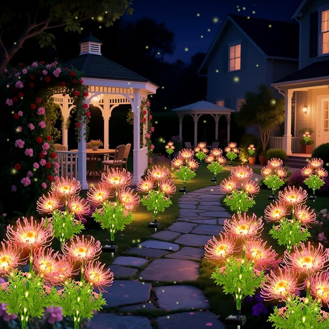 Solar Outdoor Lights Pink Spider Lily – 4 Pack 12-Head Waterproof Garden Flower Lights with Glowing Stems,Decorative Solar Powered Yard,Patio & Lawn Decor,Christmas & Gardening Gifts for Women Grandma