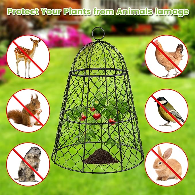 6 Pcs Garden Cloches for Plants, Metal Extra Large Chicken Wire Cloche Plant Covers, Garden Netting Plant Protectors from Animals to Keep Squirrel, Rabbit, Chicken and Bird Out 17" H x 13" D Black