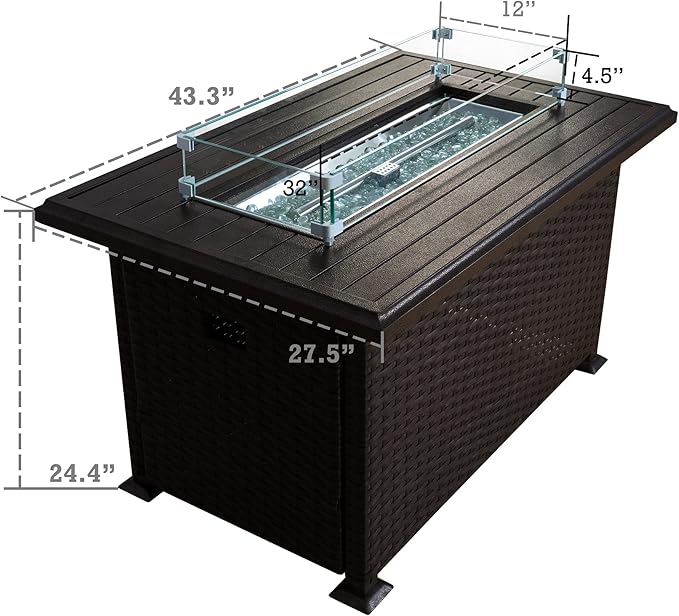 Kozyard Outdoor Patio Propane Gas Fire Pit Table - 50,000 BTU Wicker Design with Aluminum Tabletop, Glass Wind Guard, Clear Glass Rocks Slide Out Tank Holder - Ideal Patio Fire Table (Brown)