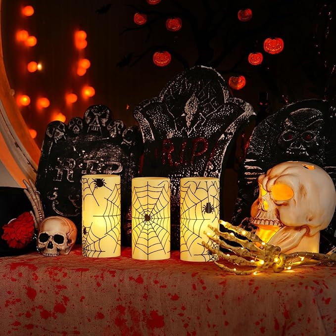 Eldnacele Halloween Flameless Candles with Timer,Battery Operated Spider Cobweb Decal Flickering Candles Real Wax LED Pillar Candle Set of 3 for Holiday Indoor Home Spooky Decor(3×6 Inches)