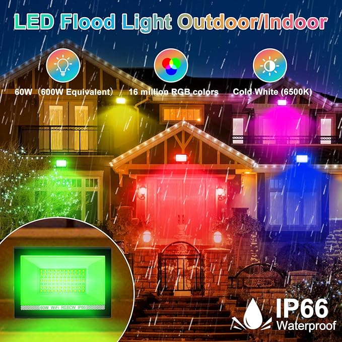 T-SUN RGB Flood Lights Outdoor, 600W Equivalent Color Changing Landscape LED Light with APP Control, Waterproof Floodlight with 16 Million Colors, Timing, Music Sync (RGB-APP Control, 60W-2Pack)