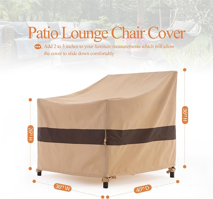 Patio Chair Cover, Outdoor Lounge Cover, Heavy Duty, Waterproof Lawn Chair Covers, 36W x 40D x 36H, Beige/Coffee, 2-Pack