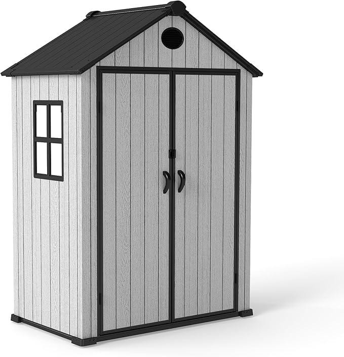 6 x 4 FT Shed Resin Outdoor Storage shed, 230 cuft Plastic Shed with Window and Lockable Door for Garden, Backyard, with Wood Texture, Grey