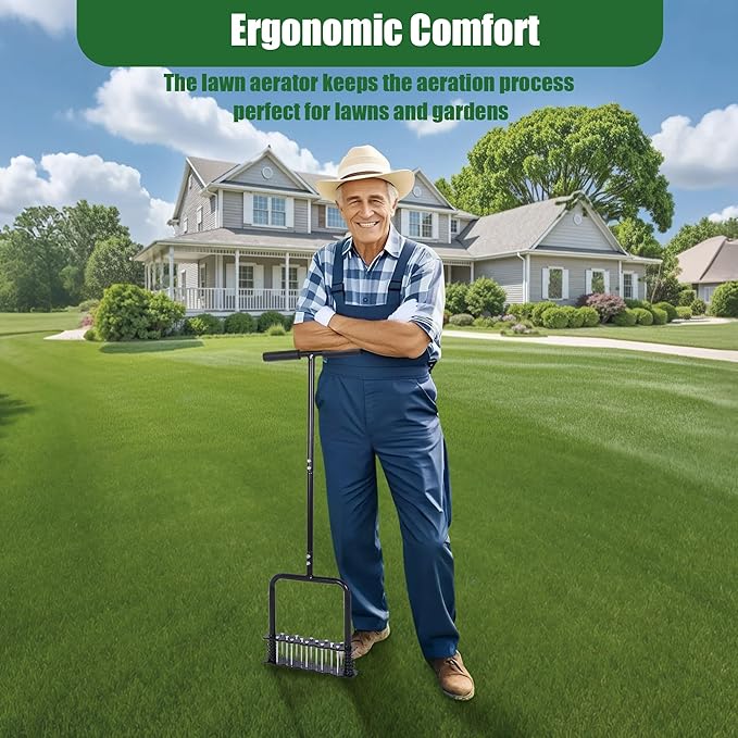 Lawn Aerator Tool, Manual Lawn Aerators with 14 Iron Spikes, Spring-Loaded Design Lawn Air Aerator Tool, Metal Manual Push Aerator, Lawn Tool for Loosening Soil Aerating Patio, Yard