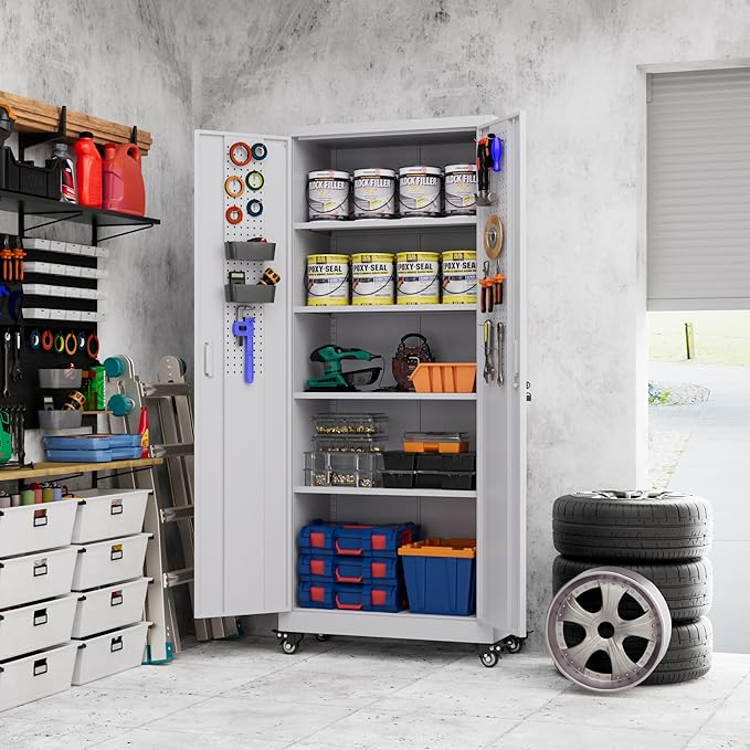 Metal Storage Cabinet with Wheels, Garage Storage Cabinet with 4 Adjustable Shelves and Pegboard for Garage Home Office Utility Room,73" H×31.57" W×15.71" D,Required Assembly,White