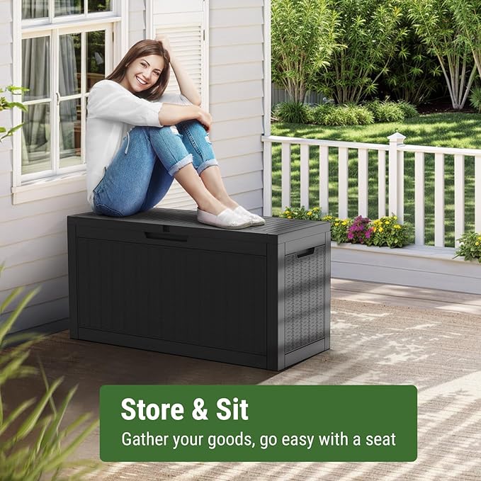 Mars Villa Deck Box, Waterproof Weatherproof and UV Resistant Resin Storage Bin with Lockable Lid, Ideal for, Outdoor, Patio Furniture Cushions, Pool Supplies, Garden Tools (60 Gallon, Black)