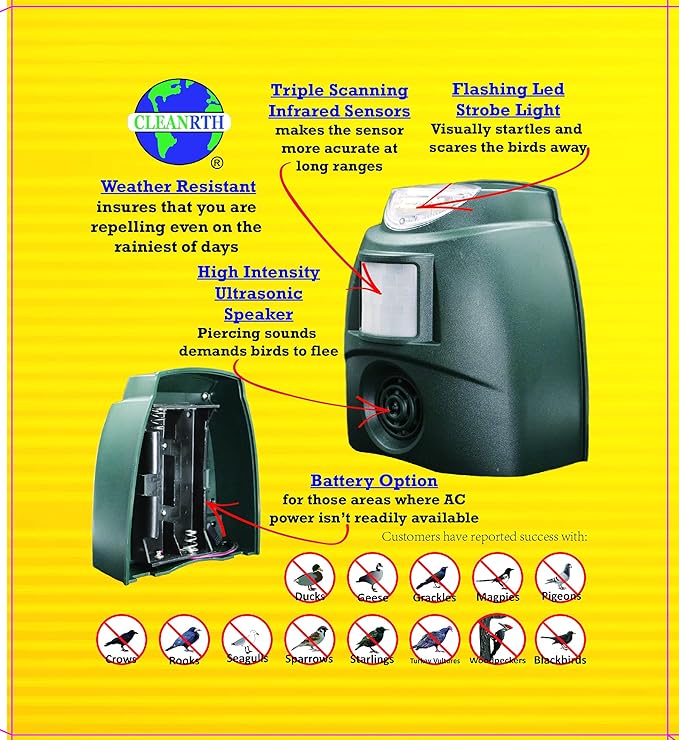 CLEANRTH TSBR620 Super Advanced Sonic & Ultrasonic Bird Repeller – Includes Triple Scan Technology