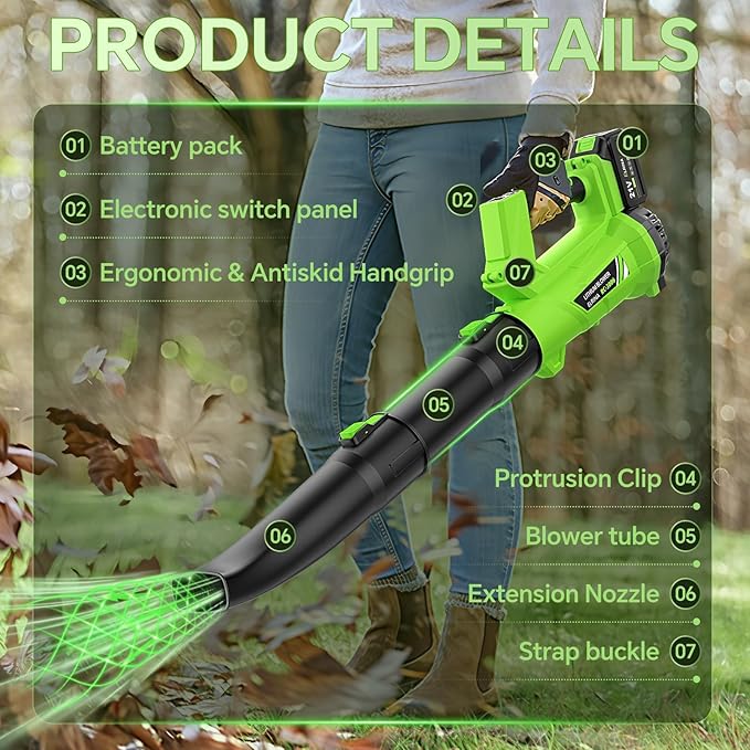 ELRINA Leaf Blower Cordless with 2 x 3.0Ah Batteries and Charger, 6-Speed Mode Lightweight Electric Blowers for Lawn Care, Yard Cleaning, Blowing Leaves, Dust, Snow Green, with Shoulder Straps