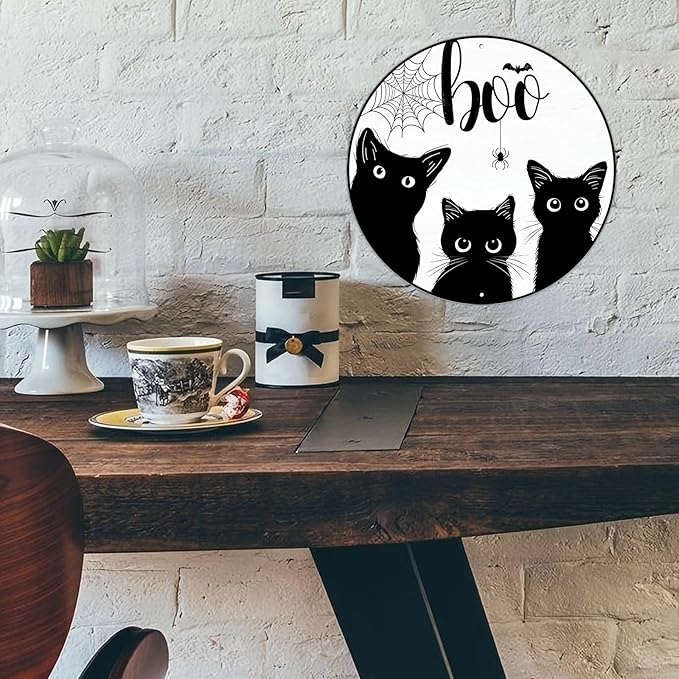 PEACHGARDEN Black Cat Halloween Metal Tin Sign Vintage Gothic Decor Boo Plaque Spooky Wall Art Retro Iron Painting for Home Porch Bar 12x12inch
