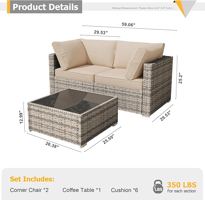HOOOWOOO Patio Sectional Furniture Set,3 Piece Couch Set with 2 Matching Corner Chairs and 1 Table(Beige)