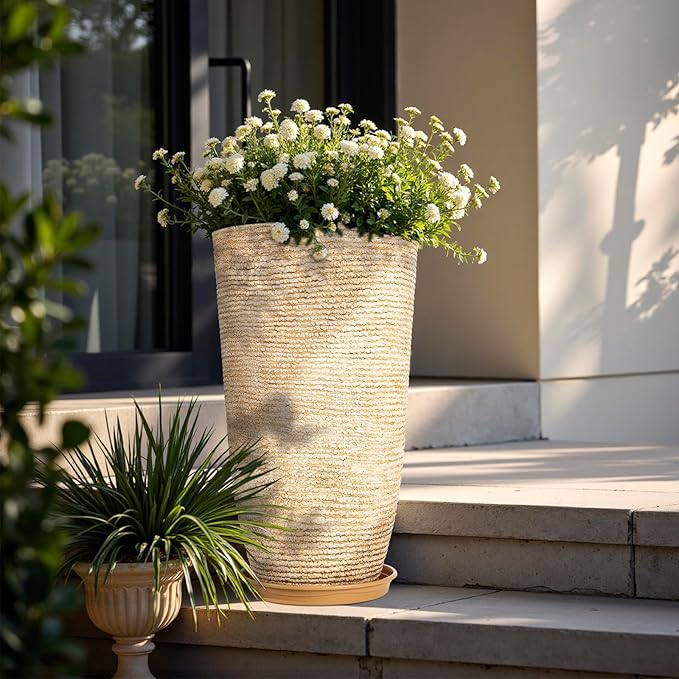 QCQHDU 9 Gallon Tall Large planters for Outdoor/Indoor Plants of 12" Dia x 21" H Round Flower Pots Set Faux Stone Finish Front Door Patio Square Porch Planters with Tray, Beige