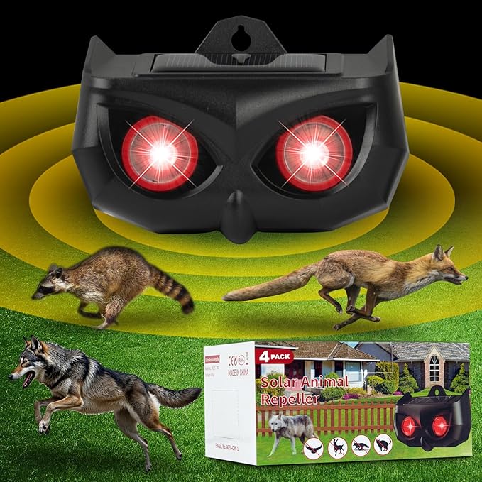 2 Pack Solar Animal Repellent for Coyote, Fox, Raccoon Waterproof Nocturnal Deterrent Lights with Red Flashing LEDs Outdoor Skunk Deterrent