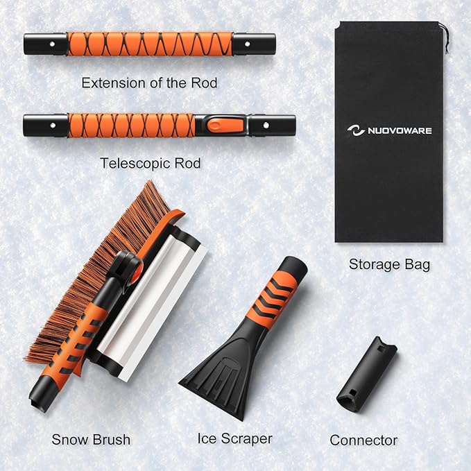 Nuovoware 60" Ice Scraper and Extendable Snow Brush for Car Windshield, 5 in 1 Adjustable Snow Removal Tools with 270° Pivoting Brush Head for Car Auto Truck SUV, Orange