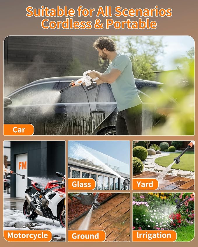 Cordless Pressure Washer Battery Powered; 1200PSI Cordless Power Washer with Brushless Motor, 4.0Ah Battery,6-in-1 Nozzle, 3 Power Level; Handheld Portable Pressure Washer Cordless (5022-WH3)