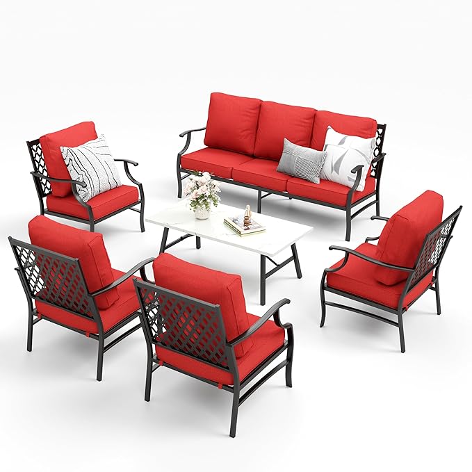 Patio Furniture Set 6 pcs, Outdoor Patio Furniture, 1 X 3-Seat Sofa, 4 X Single Chairs, 1 X Coffee Table and 5.75" Extra Thick Cushion, Patio Conversation Set,Red