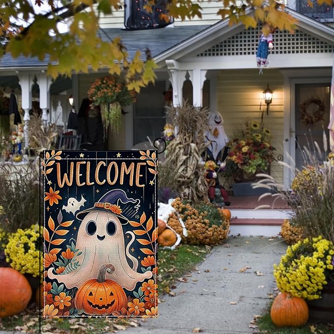 Halloween Garden Flag 12 x 18 Inch Double Sided Ghost Pumpkin Designs Fall Autumn Burlap Yard Flag for Outside Rustic Yard Outdoor Holiday Home Decoration