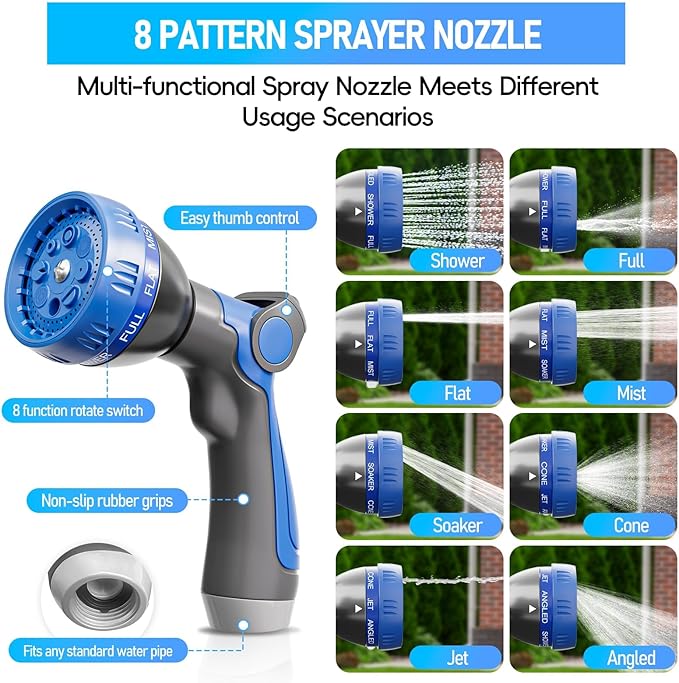 Garden Hose 50ft, 3-Layer Flexible Water Hose with 8 Pattern Spray Nozzle, Non-Expanding & Lightweight Stainless Steel Hose for Yard, Lawn, Outdoor-Leak Proof, No-kink & Tangle-free