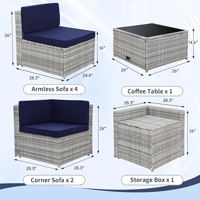 8 Pieces Outdoor Wicker Rattan Patio Furniture Sectional Set, Glass Top Table with Hidden Storage, 7 Sofa Sections, Oversized Cushions, Grey Color Rattan with Blue Cushion