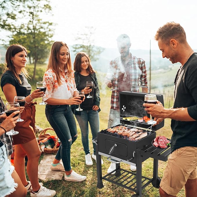 ROVSUN Charcoal Grill with Side Tables, Large Cooking Area, Individual Lifting Charcoal Trays, Pull-Out Ash Tray, BBQ Grill for Outdoor, Picnic, Backyard, Parties