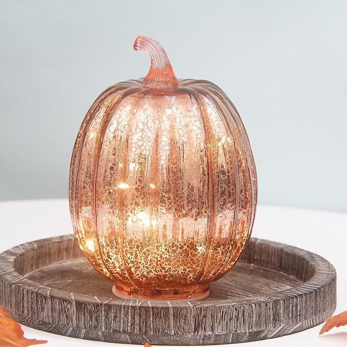 Mercury Glass Pumpkin Lights with Timer, Battery Operated Led Pumpkin Lights for Halloween Fall,Thanksgiving Rustic Decor (Rosegold Common, 8")