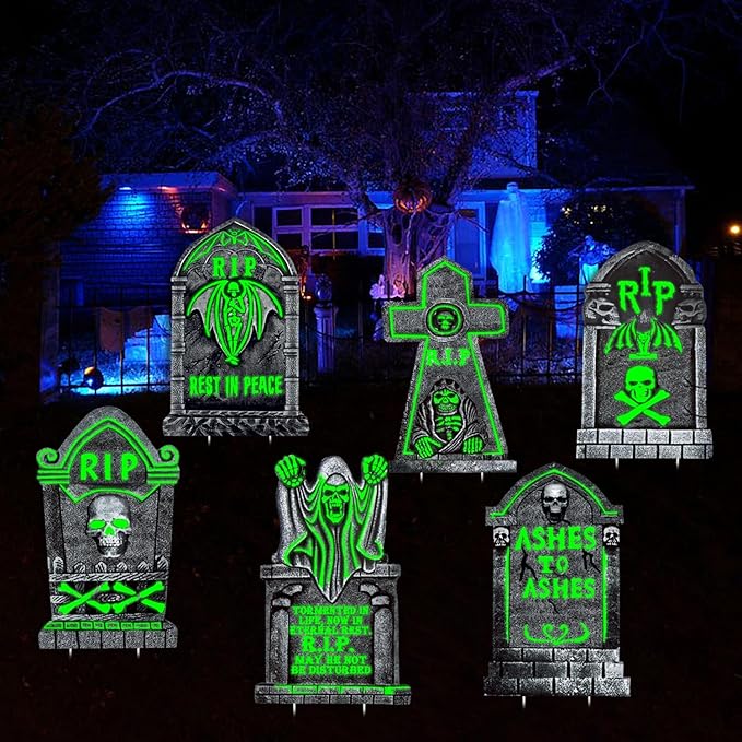 Large Halloween Tombstones Decorations, 6 Pack 16.5”x 11” Outdoor Graveyard Yard Stakes, Waterproof Plastic Halloween Gravestones with 12 Stakes for Cemetery Lawn Displays