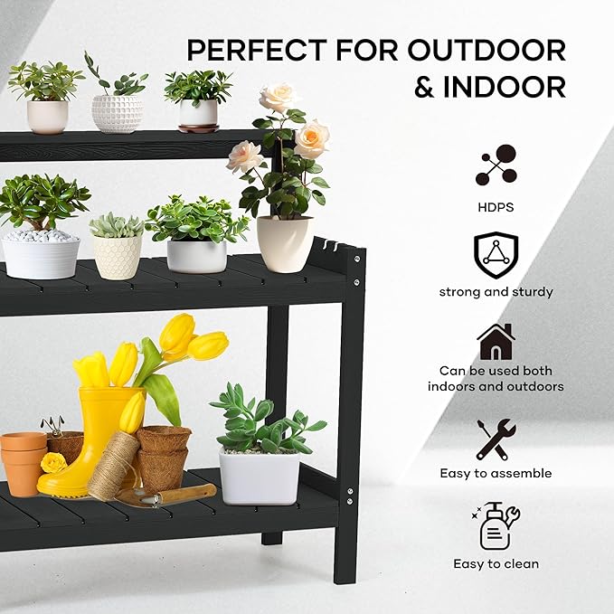 Outdoor Potting Bench HDPS Potting Table with 4 Side Hooks All-Weather Garden Table Work Station 360lbs Capacity Garden Potting Bench for Porch Black