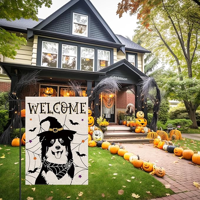 Halloween Garden Flag Australian Shepherd Cobweb Bats Double Sided Vertical Welcome Flag Holiday Outdoor Yard Lawn Decorations 12.5 x 18 Inch