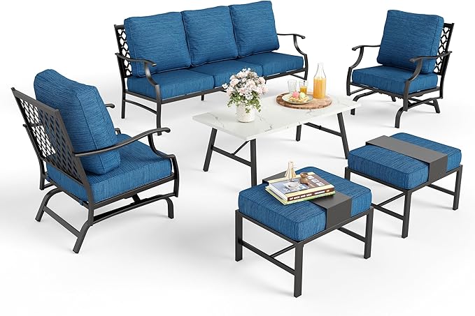 Patio Furniture Set 6 pcs, Outdoor Patio Furniture, 3-Seat Sofa, 2 Rocking Chairs, 2 Ottomans, Coffee Table and 5.75" Extra Thick Cushion, Conversation Set for Backyard Deck, Gemstone Blue