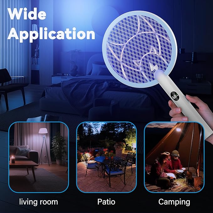 Electric Fly Swatter Racket, 2 in 1 Mosquito Bug Zapper 4100V Handheld Mosquito Killer with 1800 mAh Rechargeable Battery, Purple Lightand 3-Layer Safety Mesh for Indoor Outdoor Blue Two-Pack