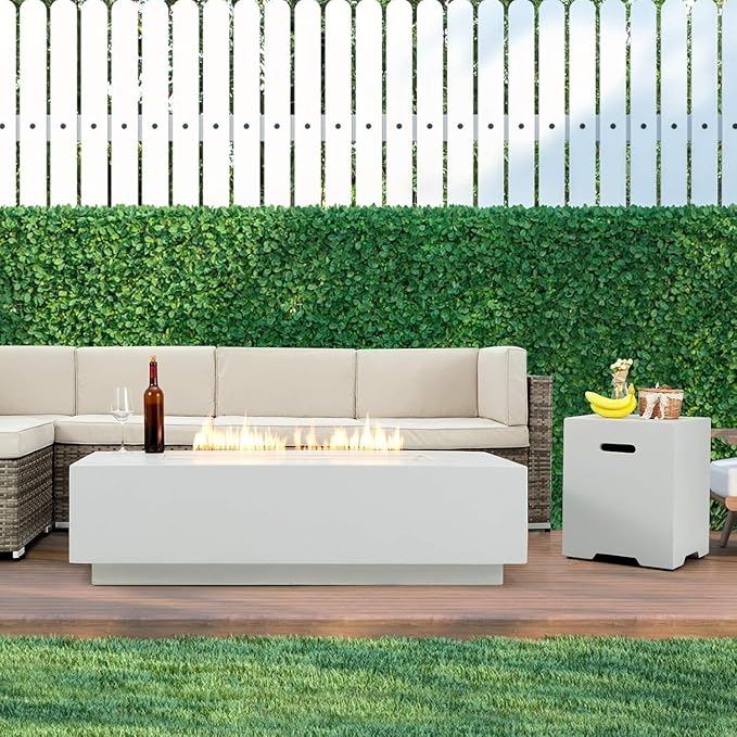 ECOTOUGE Gas Fire Pit, Outdoor Propane Firepit Table Set w/Tank Cover, 56''Auto-Ignition Rectangle Steel Fire Table, 50,000 BTU Concrete fire Pit w/Weather-Resistant Pit Cover, Lava Rocks, White