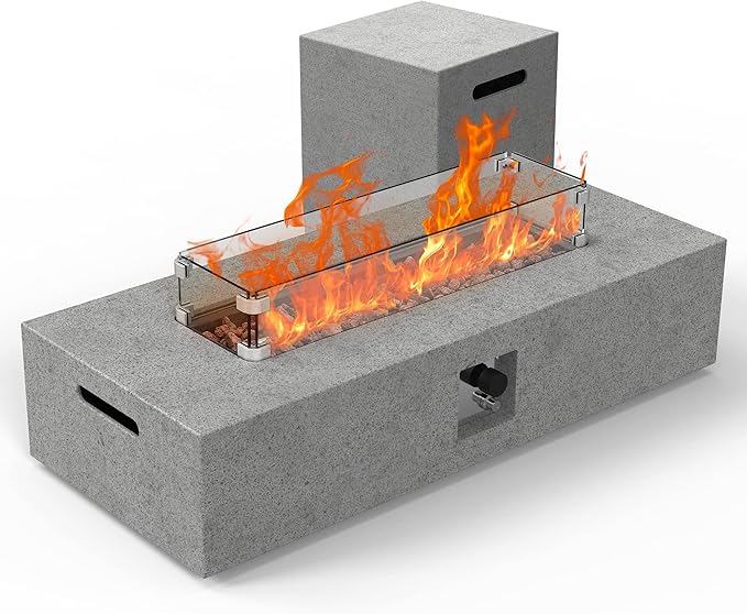 NAGA HABNA 56 Inch Propane Fire Pit Table, Rectangle Outdoor Fire Table w Tank Table (50,000 BTU), 3 Piece Gas Fire Pit w Glass Wind Guard & Lava Rocks for Garden, Pool, Backyard