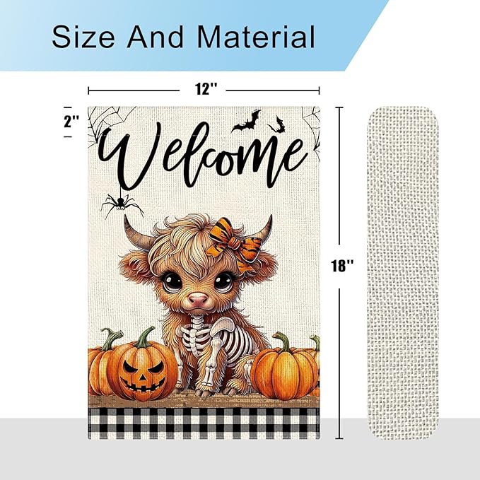 DLZDN Welcome Halloween Highland Cow Garden Flag Skeleton Pumpkins Flag Burlap Farmhouse Yard Sign Holiday Seasonal Outdoor House Decoration