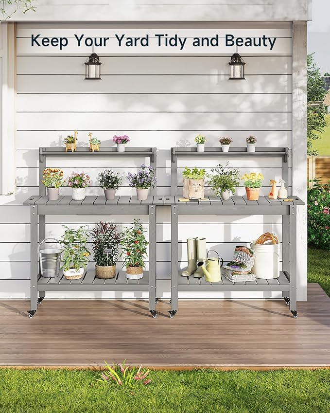 HDPS Outdoor Potting Bench with Sliding Tabletop/ 4 Wheels/Removable Sink, All-Weather Outside Garden Work Table, No Rust/Fade/Break, Potting Station for Porch, Patio & Backyard (Grey)