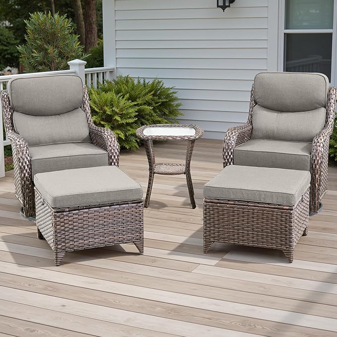 Wicker Outdoor Patio Furniture Set - 5 Piece Patio Conversation Sets with Swivel Rocker Chairs, Ottomans and Side Table, 6 inch Cushions, Waterproof Wicker, for Porch Deck Brown/Beige