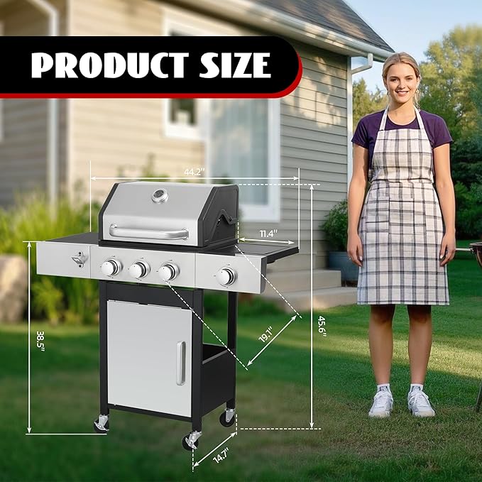 3-Burner Propane Gas Grill with Side Burner, 37,000 BTU Outdoor BBQ Grill with Porcelain-Enameled Cast Iron Grates, Thermometer, Double Layer Lid Stainless Steel Grill for Outdoor Cooking, Patio BBQ