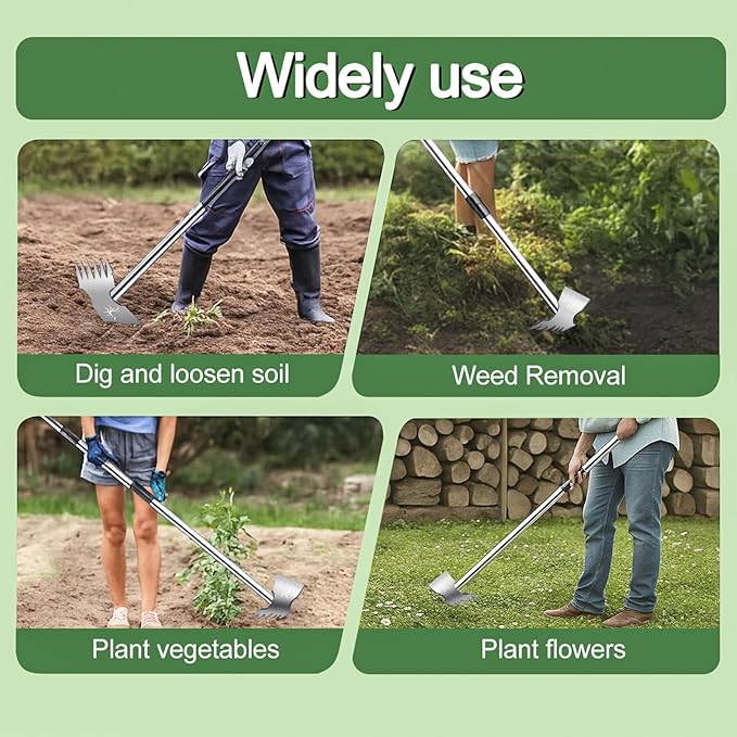 Weed Puller Tool with Long Handle, 60inch Manual Weeder Remover Tool, Stainless Steel 2 in 1 Hand Weed Rake for Gardening, Heavy Duty Uprooting Weeding Pull for Garden, Lawn,Yard, Patio