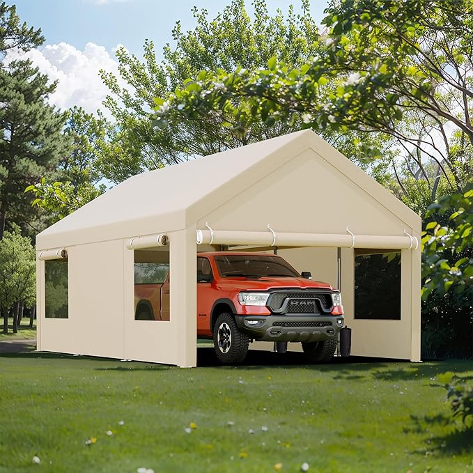 JY QAQA Carport, 12x20 FT Heavy Duty Carport Reinforced Steel Poles with Removable Sidewalls & Doors,Roll-up Windows Car Canopy with Sandbags and All-Season Tarp for Car Boat Truck Motorcycle,Khaki