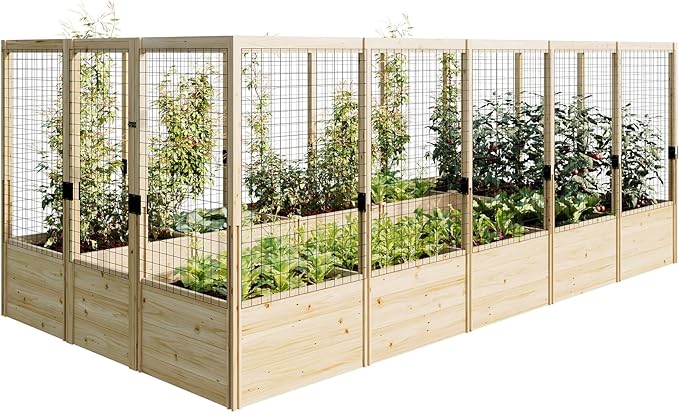 PaPaJet Wooden Raised Garden Bed for Outdoor, Eleven Grid Deep Large Planter Box with Netting for Gardening, Vegetables, Flowers, Herbs(7.5× 14.8× 5.9FT)
