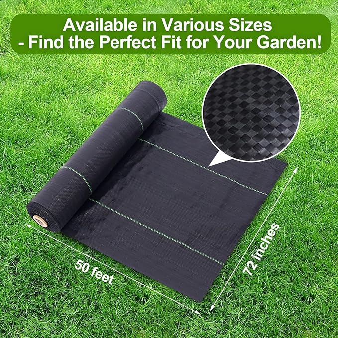 Weed Barrier Landscape Fabric 6 x 50 FT, Ground Cover Fabric Block, Gardening Fabric Mat, Black Heavy Duty Garden Cloth Felt with 20 U-Shaped Pegs for Flower Bed, Patio, Orchard,3.2oz/sq.yd