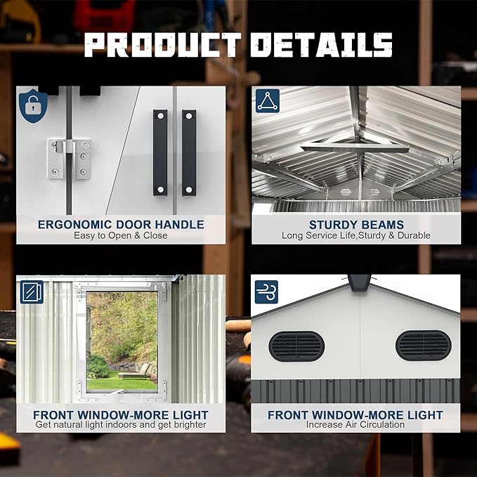 8x12 Ft Outdoor Storage Shed with Floor Frame and Window,Large Metal Utility Tool House W/Double Hinged Door & 4 Air Vents,All Weather Waterproof Garden Sheds for Backyard,Patio,Lawn,Dark Gray