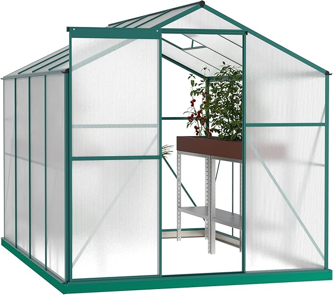 8x6 FT Greenhouses for Outdoors, Outside Heavy Duty Walk in Green House for Garden Plants, UV Protection Adjustable Roof Vent, Thermostatic Waterproof and Insect Resistant, Green