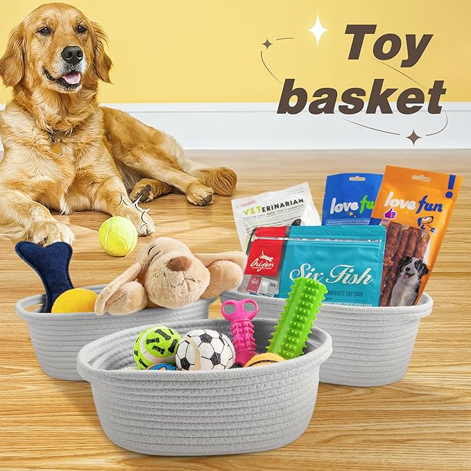 Pro Goleem Small Woven Basket with Gift Bags and Ribbons Durable Baskets for Gifts Empty Small Rope Basket for Storage 12"X 8" X 5" Baby Toy Basket with Handles, Gray