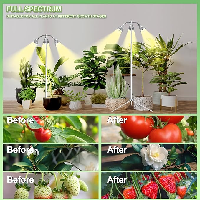 Grow Lights for Indoor Plants Full Spectrum with Detachable Tripod Stand, 10-55 Inches Height Adjustable Aluminum Alloy Indoor Plant Grow Lamp with Auto On/Off Timer Function