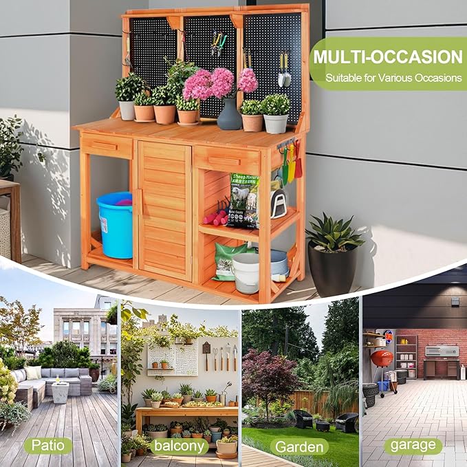 Outdoor Garden Potting Bench, Horticultural Wooden Workstation Table with Storage Drawer, Cabinet, Metal Pegboard, Adjustable Hooks and Shelves for Backyard, Patio, Greenhouse