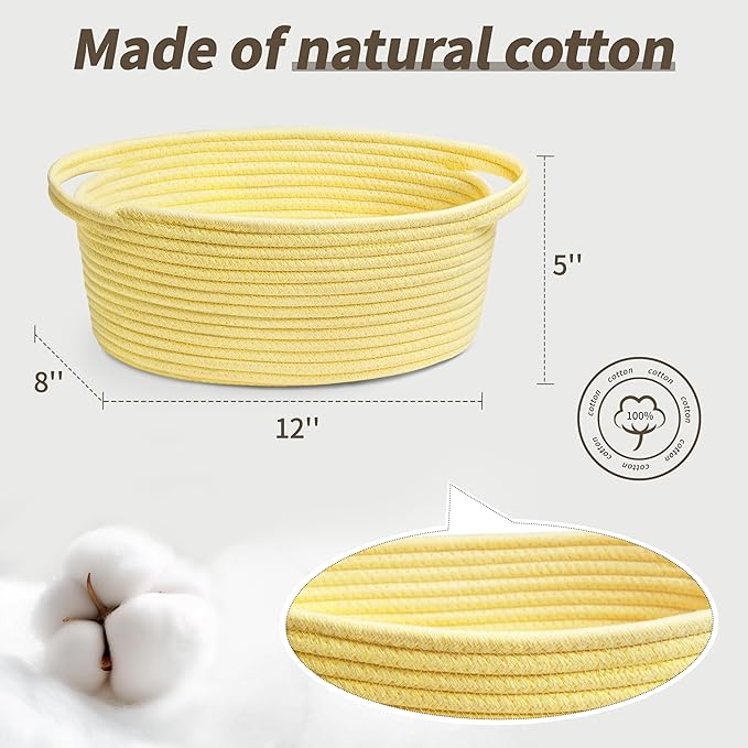 Pro Goleem Small Woven Basket with Gift Bags and Ribbons Durable Baskets for Gifts Empty Small Rope Basket for Storage 12"X 8" X 5" Baby Toy Basket with Handles, Yellow