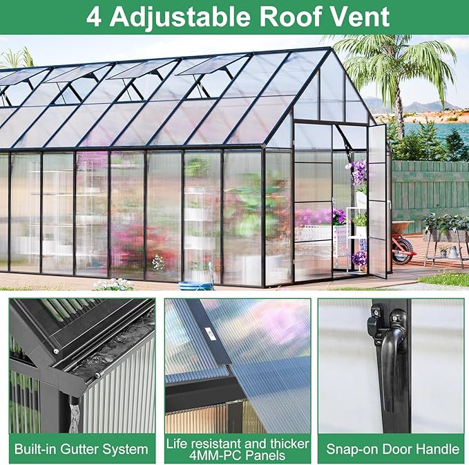 CDCASA 20x10x10 FT Greenhouse for Outdoors, Easy Assembly Large Thicker Aluminum Heavy Duty Polycarbonate Greenhouses Kit w/4 Vent Window, Swing Door, Walk-in Green House for Sunroom Patio,Backyard
