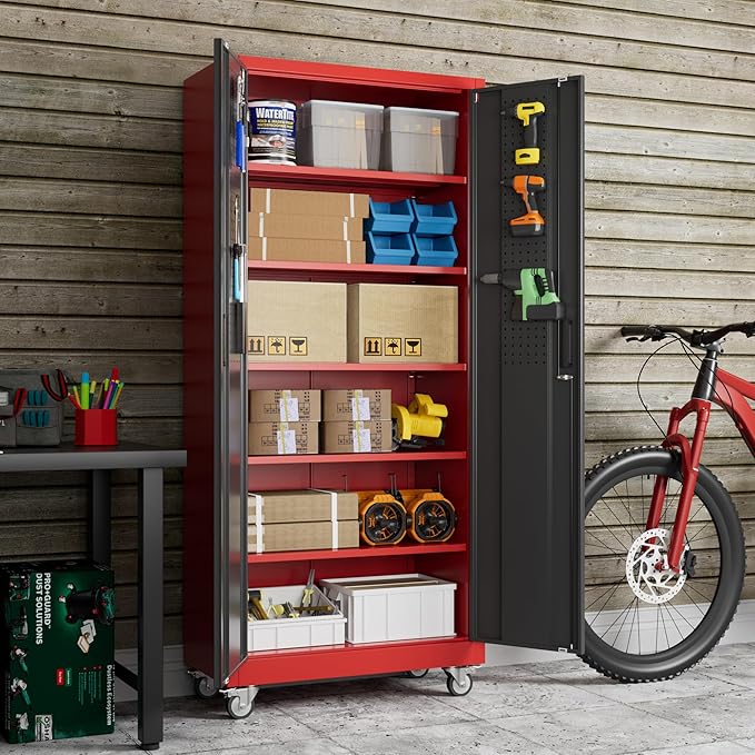 71"H×32"W×16"D Rolling Tool Storage Cabinet with 5 Adjustable Shelves and Pegboard,Metal Garage Storage Cabinet with Wheels for Garage Home Office Utility Room,Required Assembly, Red and Black