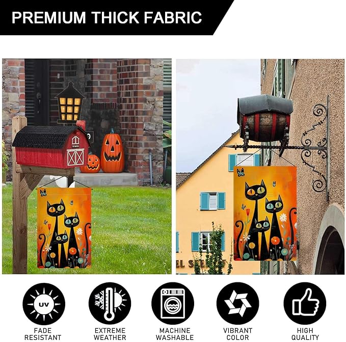 Black Cat Garden Flag Halloween Garden Flag Seasonal Vertical Double Sided Rustic Farmland Burlap Yard Lawn Outdoor Decor 12.5x18"